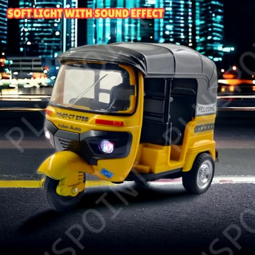 Image of PLUSPOINT Auto Rickshaw Toy,with Pull Back Action City Traffic Vehicles Public Transport Toy with Light and Sound for Aged 3 4 5 6 Boys and Girls,Kids Party Favors Gifts (Yellow)