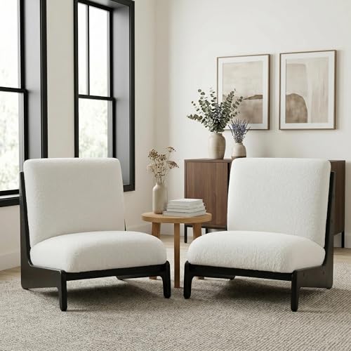 Christopher Knight Home Moda Low Profile Accent Chair Set of 2, Boucle Upholstered Armless Lounge Chair, Fabric Comfy Reading Chair for Bedroom, Wooden Frame and Thick Padded Seat, White+Black
