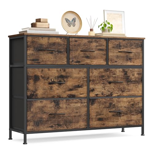 SONGMICS Kommode, Schrank, 7 Stoffschubladen, Aufbewahrungsschrank, Stahl, MDF, Vliesstoff, für Schlafzimmer, Flur, Wohnzimmer, vintagebraun-tintenschwarz LGS323BH04