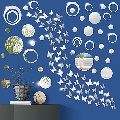 72 Pieces Acrylic Mirror Wall Decor Stickers, Removable Acrylic Mirror Circle Wall Sticker, 3D Butterfly Acrylic Mirror Wall Decal, Acrylic Mirror Setting Wall Decor in Silver for Living Room Bedroom