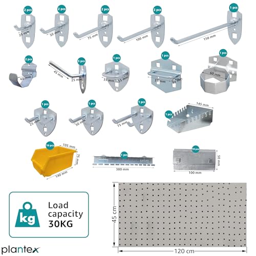 Image of Plantex Tool Organizer for Workshop /Metal Pegboard for Garages /Tool Storage Board /Hanging Pegboard - 120 x 45 cm (Silver)