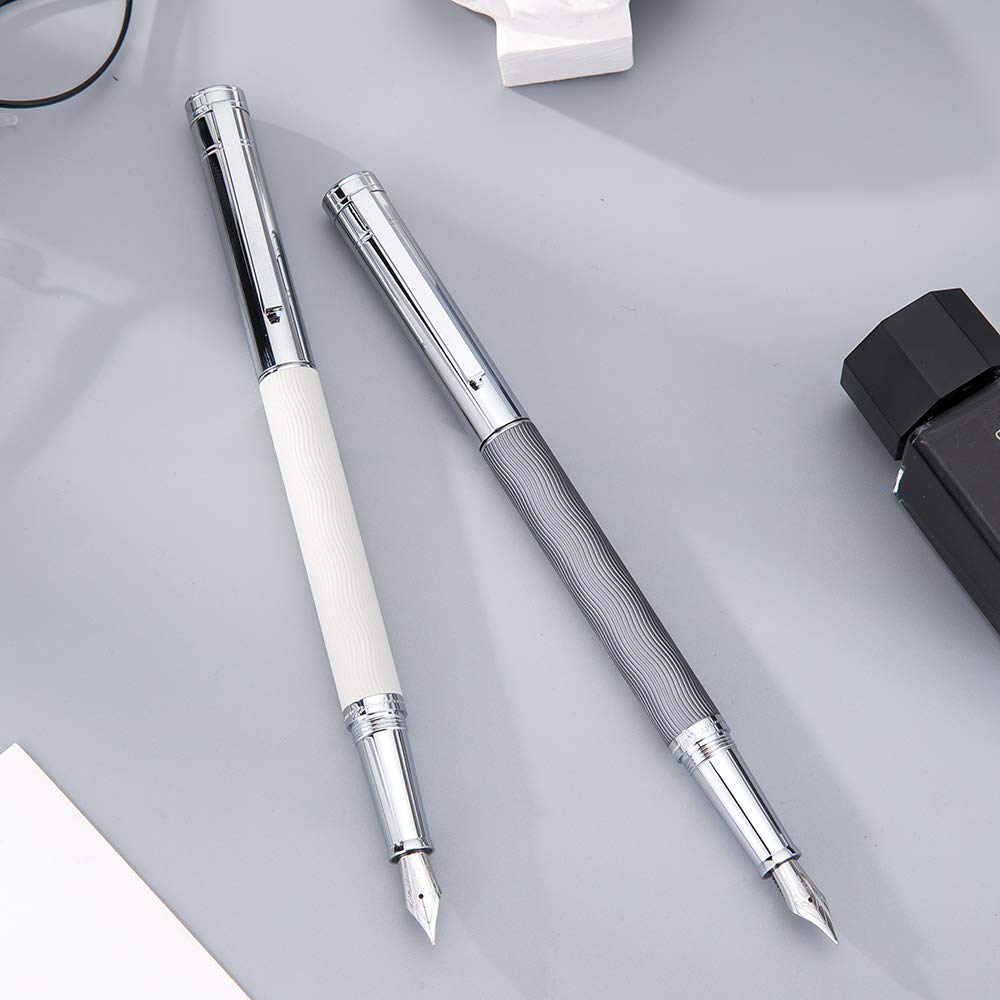 HongDian Stylo-plume classique en acier inoxydable avec motif vague blanche, pointe fine iridium, étui en métal et convertisseur d'encre