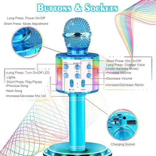 laqula Wireless Bluetooth Karaoke Microphone with Led Lights Portable Handheld Singing Karaoke Speaker Machine Toys for Kids Adults (Blue - Image 2