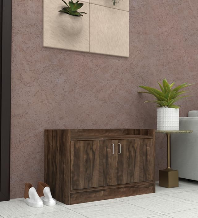Image of SPECIALITY PANELS 2 Door Shoe Rack with Cushion | 2 Door Shoe Cabinet with Storage Bench | Shoe Organizer for Entryway Home Living Room | 75 x 49 x 37.5cm Storage | DIY Assembly | Walnut Brown Finish