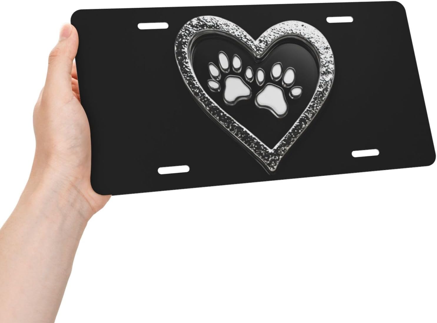 Heart Shape Dog Paw Print Black Background Pattern License Plate Decorative Car Front,Metal Car Plate,Vanity Tag,Aluminum Noverlty License Plate Waterproof Colorfast 6×12 Inch