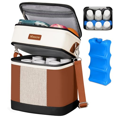 Image of Mancro Breast milk Cooler Travel Bag Fits 6 Bottles Up to 9 Ounces，Double Layer Baby Bottle Cooler Bag with Ice Pack，Insulated Baby Bottle Bags for Daycare & Nursing Moms,Black and Brown