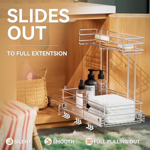 Image of Under Sink Organizer 9 inch W X19 D, Pull Out Cabinet Organizer 2 Tier | Chrome Plated, Full Slide Out, Under Kitchen Bathroom Sink Organizer, Pantry Cabinet Closet Organization Rack, 1 Pack