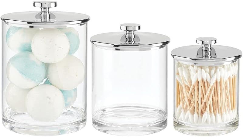Organizador de almacenamiento de tarros de boticario de plástico para baño, dormitorio, tocador, organización de gabinetes de cocina, sostiene hisopos de algodón, cuñas, colección Lumiere, juego de 3, transparente/cromado