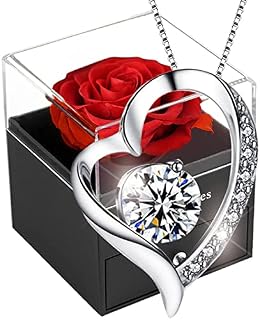SWEETIME Forever Red Rose Gift Box with Necklace-Real Eternal Rose with 925 Sterling Silver Women Necklace Inside,Enchanted Real Rose Flower Gift for her on Christmas anniversary and Valentine's Day.