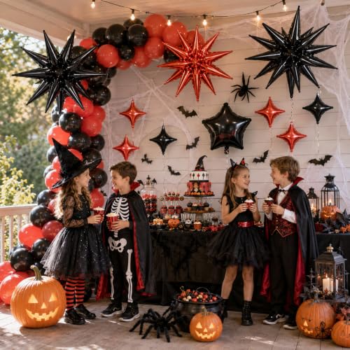 Image of Star Balloons Halloween Balloon Black Red Explosion Stars Balloon | 22 /18 /10 In Metallic Red Black Spike Stars Foil Balloon for Vampire Casino Happy New Year Eve Birthday Party Decor