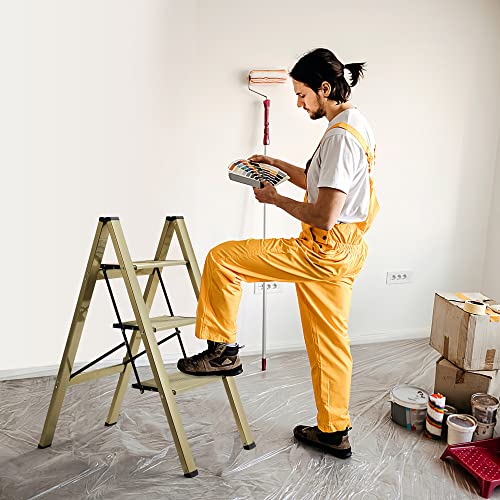 Flygeneral 3 Step Ladder, Gold Aluminum Folding Ladder Stool, Wider Upgraded Non-Slip Treads, Portable Lightweight Ladder For Home And Kitchen, Holds Up To 330 Lbs. #TOP2
