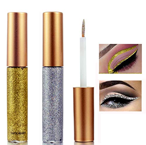 Glitter Liquid Eyeliner, Eyeliner Colorful Set,Metallic Shimmer Glitter Eyeshadow, Long Lasting Waterproof Makeup Eyeliner 2 Colors (#3 Silver/#2 Golden)