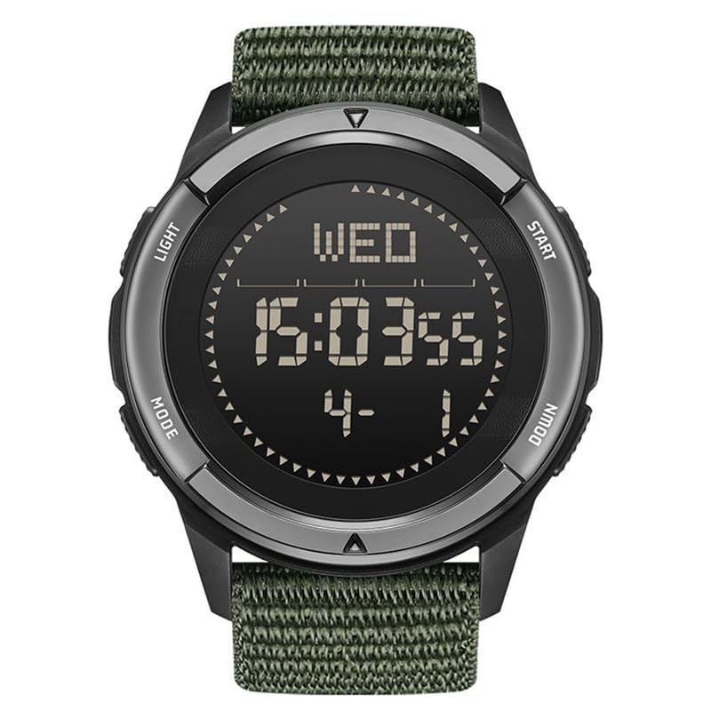 Ön view of the North Edge ALPS watch with a green band, displaying time and day.