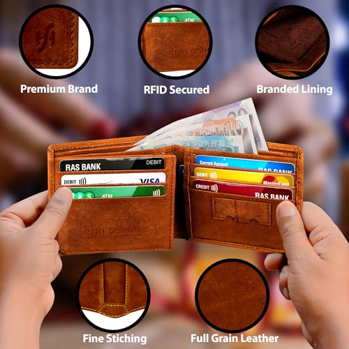 Men's RFID Blocking Genuine Distressed Hunter Leather Trifold Wallet Purse Credit Card Holder #11453