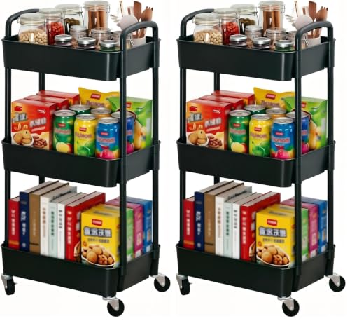 Image of Sywhitta 3-Tier Plastic Rolling Utility Cart with Handle, Multi-Functional Storage Trolley for Office, Living Room, Kitchen, Movable Storage Organizer with Wheels, Black (Pack of 2)