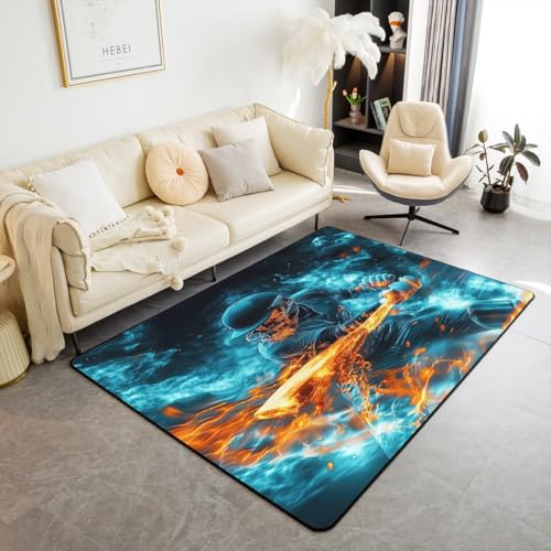 Erosebridal Cricket Area Rug 3x5, Cool Player Athlete Rectangular Carpet for Bedroom Living Room, Ball Sports Printed Kids Adults Non Shedding Indoor Floor Mat, Orange Blue Fire Smoky Decorative Rug