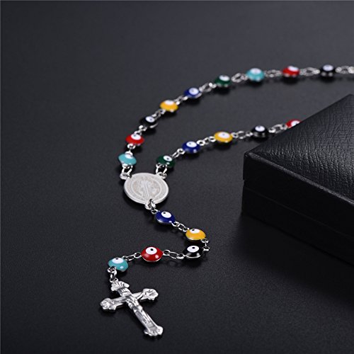 U7 Women Mens Stainless Steel Link Colorful Evil Eye Beaded Rosary Necklace With Crucifix And Medal #TOP5