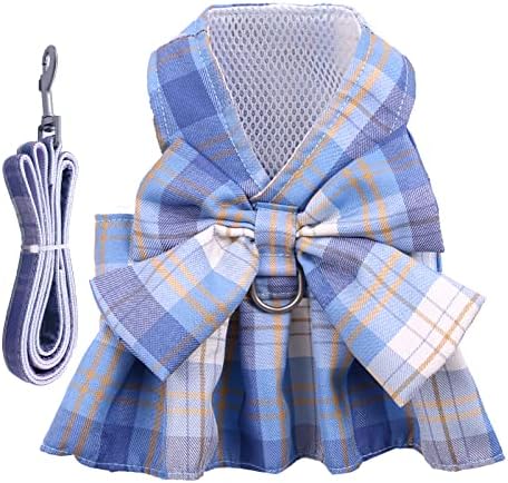 IKIPUKO Small Dog Harness and Leash Set, Bowknot JK Plaid Dog Harness for Small Dogs Cats with D Ring Breathable Dog Princess Dress for Yorkie Chihuahua Puppy Harness,XS