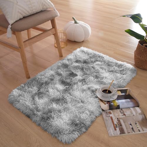 Small Bedside Rug, 2x3 Non Slip Fluffy Shaggy Entryway Throw Rugs for Bedroom Living Room, Indoor Floor Carpet for Kids Girls and Boys, Nursery Rooms Mat, Home Decor Aesthetic, Tie Dyed Grey