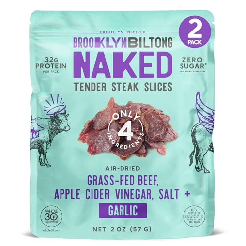 Brooklyn Biltong Tender Steak Slices (Steakhouse Garlic, 2 oz, Pack of 2) – Grass Fed Beef Protein Snacks, 32g Grass Fed Protein Per Pack – Sugar Free, Gluten Free, Paleo, Whole 30, and Keto Snacks
