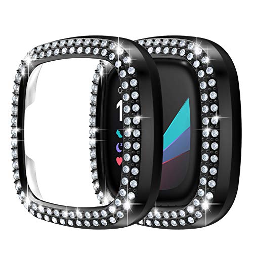 Case for Fitbit Sense/Versa 3-2 Pack Double Row Crystal Diamonds PC Plated Bumper Frame Bling Protector Cover(No Screen Protector) Protective Case for Women Girls Smartwatch Accessories, Black