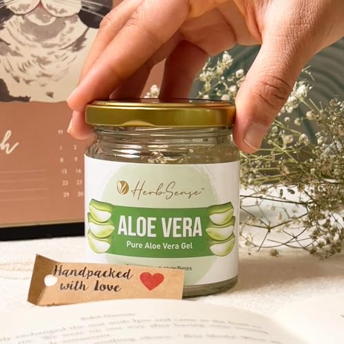 Image of Herbsense Hydrating, moisturizing, and non-sticky gel for skin and hair, packaged in a glass jar, Pure Aloe Vera Gel Combo 180 Gm Pack of 3