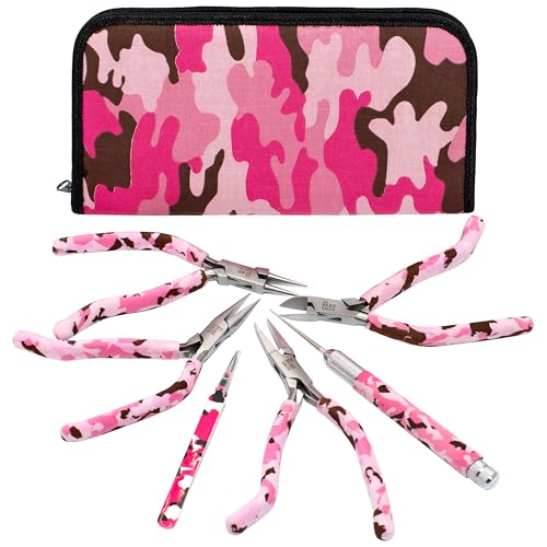 The Beadsmith Pink Camouflage Set – 6 Piece Kit: Pistol Grip Chain Nose, Round Nose, Flat Nose, Side Cutter Pliers w/Tweezers, Reamer and Zippered Pouch – 6 Inch Jewelry Making Tools