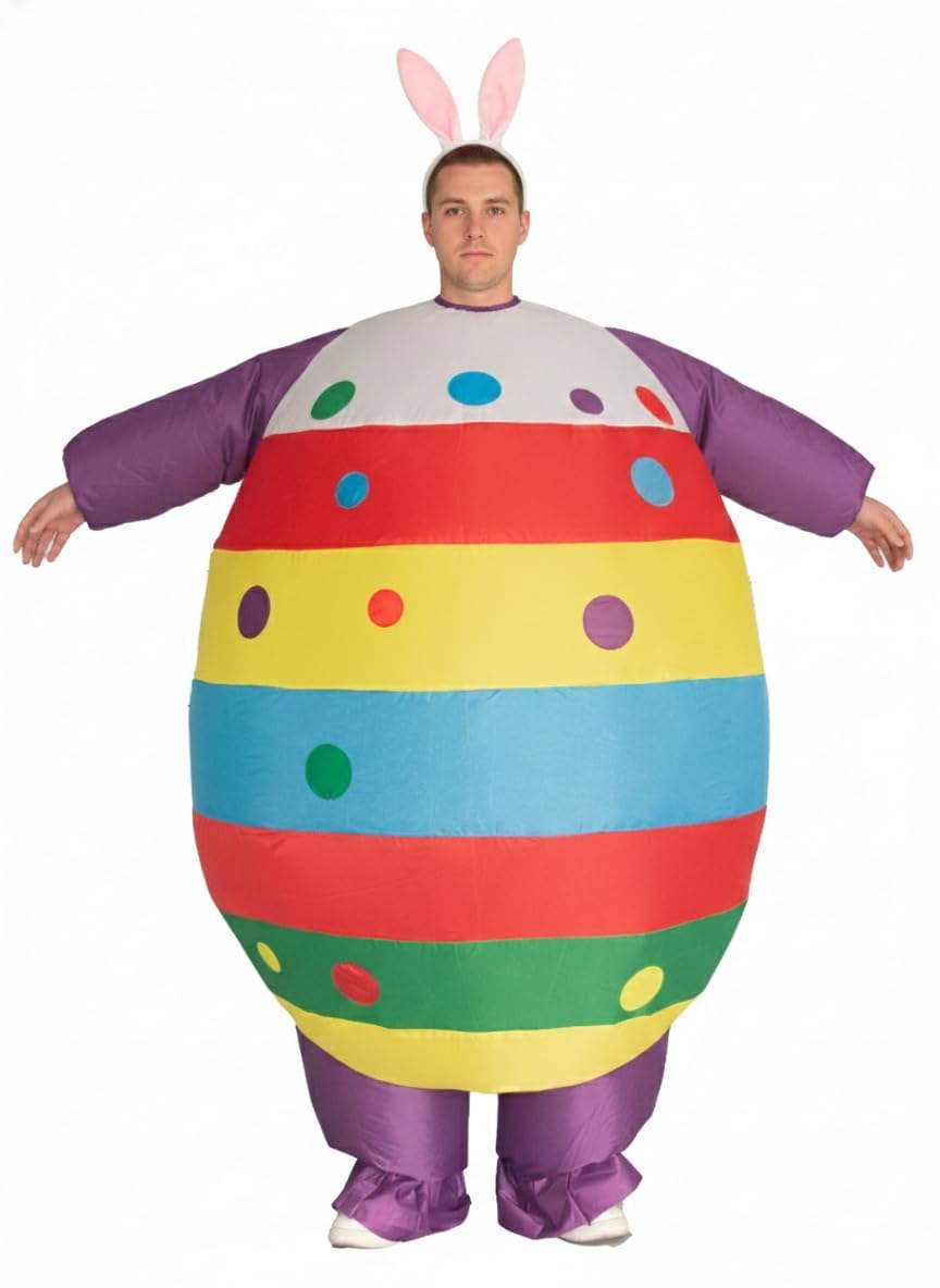 Photo 1 of Muuyanjee Inflatable Easter Egg Costume for Adults, Rainbow Color Blow Up Egg Suit with Bunny Ears, Funny Easter Bunny Cosplay Outfit for Easter Party, Parade, Spring Festival Cosplay