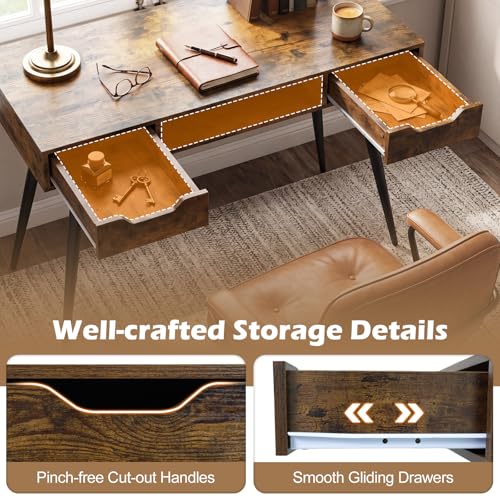 Image of Tangkula Mid Century Modern Computer Desk, Writing Desk with 2 Drawers & Open Center Storage, Small Wooden Study Table for Home Office & Compact Spaces (Rustic Brown)