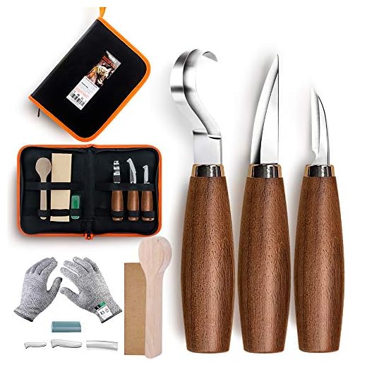Wood Carving Tools 5 in 1 Knife Set - Includes Hook Knife, Whittling Knife, Detail Knife, Carving Knife Sharpener for Spoon Bowl Cup Kuksa for Kids & Beginners (3-Set Round Handle)