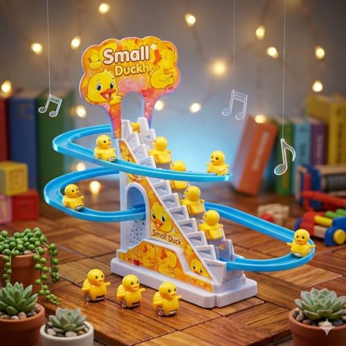 Image of Duck Slide Toy Set | Automatic Stair Climbing Duck | Toy with Lights & Music for Kids, Fun Cartoon Track Set for Boys & Girls