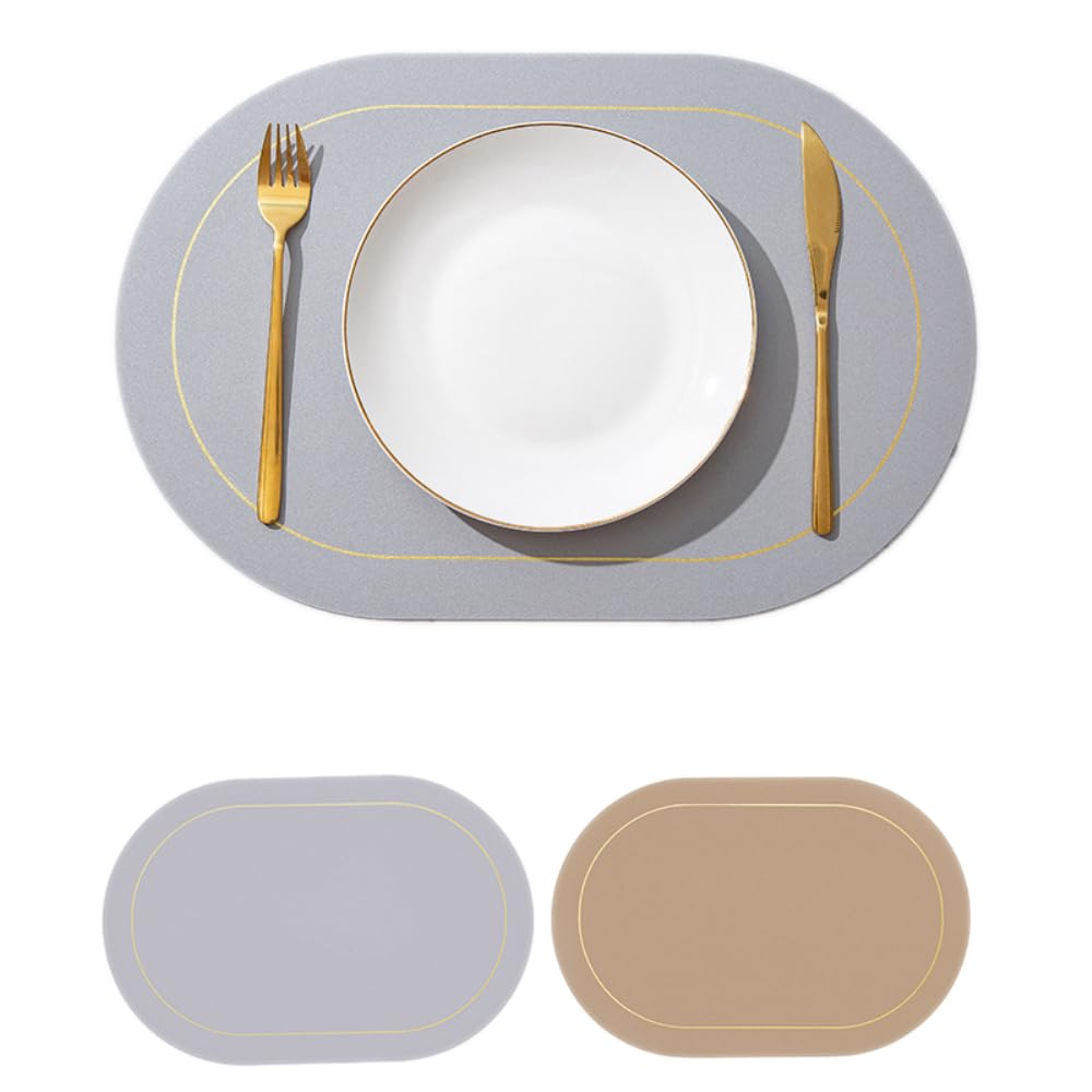 Set de table anti tache ovale en simili cuir bicolore gris et doré pour table propre Lot 4