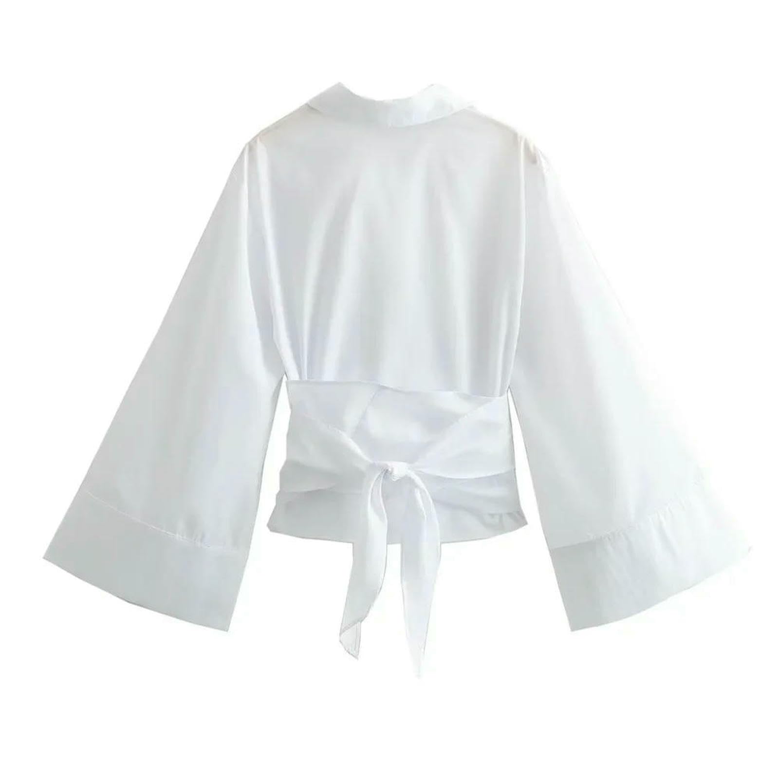 Camicia Donna in Popeline Doppiopetto A Doppio Petto, Edizione Corta, Casual, alla Moda, con Collo E Fiocco-Bianco-m