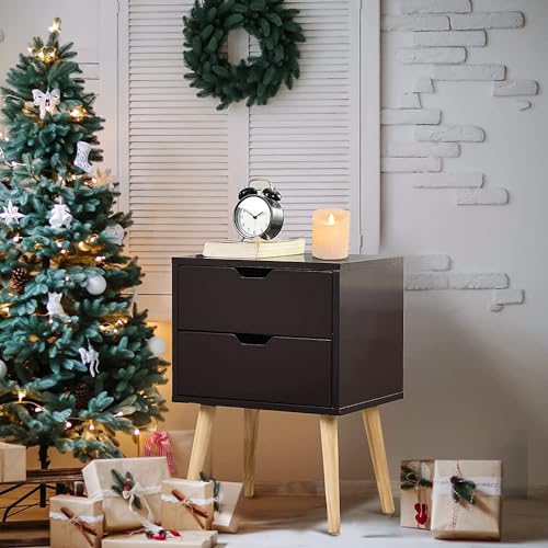 Image of Night Stand,End Table for Bed Nightstand with Drawers, Side Table with Storage, Solid Wood Table Legs,A Shaped Suitable for Small Spaces, Living Room, Bedroom, White (Brown)