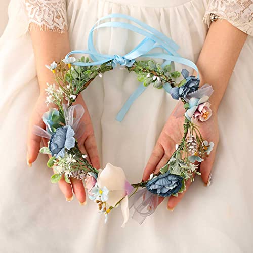 Bartosi Flower Crown Blue Floral Crown Flower Head Crown Halo With Ribbon Wreath Headpiece Adjustable Hair Accessories For Women And Girls (Blue) #TOP1