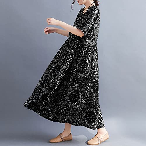 Versear Women Loose Cotton Linen Dress Mixed Print Boho House Dress With Pockets (One Size, 21) #TOP1
