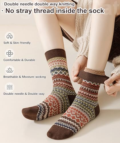 Image of IIG 3-5 Pairs Womens Vintage Cozy Crew Socks Soft Cute Neutral Cotton Socks Exquisite Patterns Socks Gift