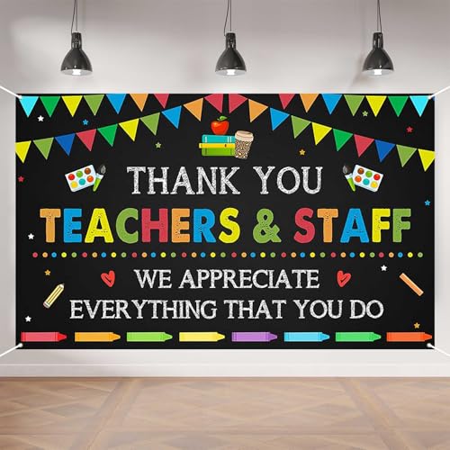 Aperturee Thank You Teachers and Staff Banner, 70.8x43.3 Inch, Colorful Appreciation Backdrop for Teacher Appreciation Week, Classroom Decorations Photo Booth Props