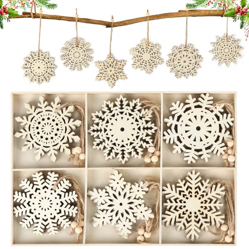 24 Stück Schneeflocken Holzanhänger Weihnachten, Weihnachten...