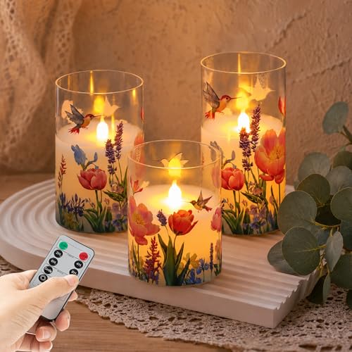 Image of JOIONE Hummingbird Flameless Glass Candles, 3 Pack Floral LED with Remote