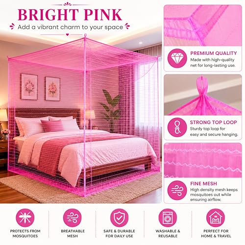 Image of Mosquito Net for King Size Bed & Double Bed (6x7 ft, Wall /Hook Hanging) Poly-Cotton Blend Fabric with Zigzag Wave Line Pattern, Pre-Fitted Bottom & Cotton Ribbon (Frame Not Included-Bright Pink)
