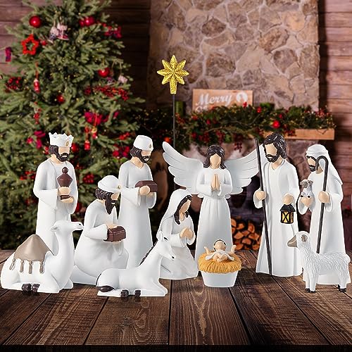 BCSmyer Conjunto de presépio para o Natal em interiores, 12 peças de 6,5 polegadas, elegante conjunto de presépio para decoração de mesa, conjunto de presépio de resina de Natal, estátua da Sagrada