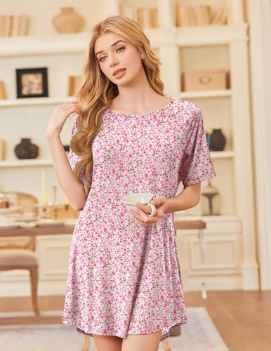 Image of Ekouaer Nightgowns for Women Bamboo Viscose Night Gown Short Sleeve Sleep Shirt Cooling Nightshirt Soft Sleepwear S-XXXL
