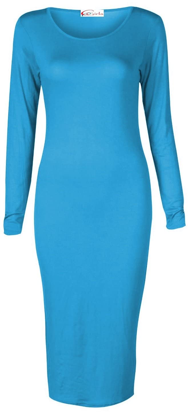 Crazy Girls Girls Turquoise Crazy Womens Plain Long Sleeve Scoop Neck Stretch Bodycon Maxi Midi Dress (Xxl-Uk20-22, )