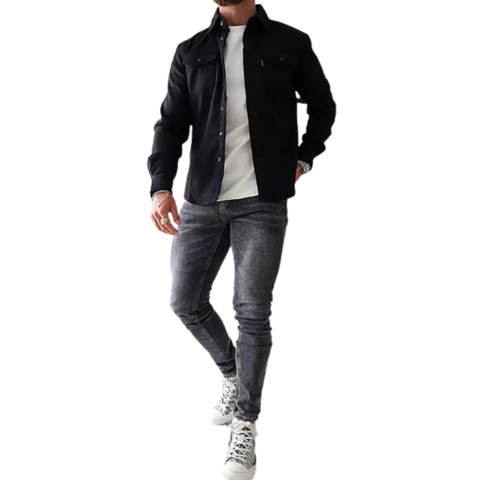 LXURYMen's Button Down Shirt Jacket,Cotton Work Coat Button Down Overshirt,Slim-Fit Long-Sleeve For Men