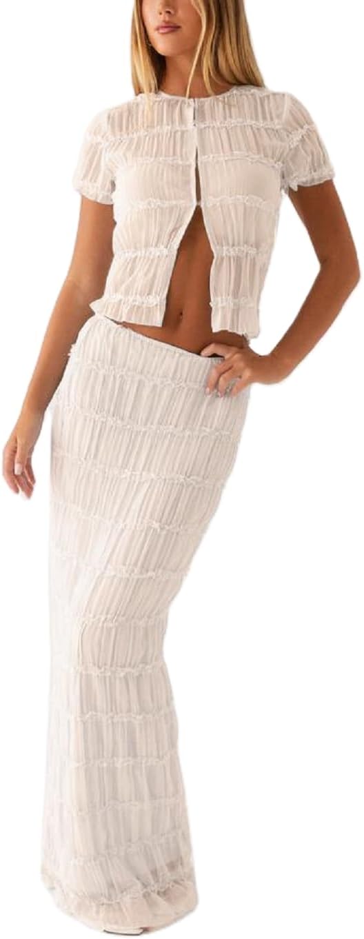 Womens 2 Piece Maxi Skirt Set Lace Up Sleeveless Tank Top and Flowy Long Skirt 2024 Summer Beach Outfits