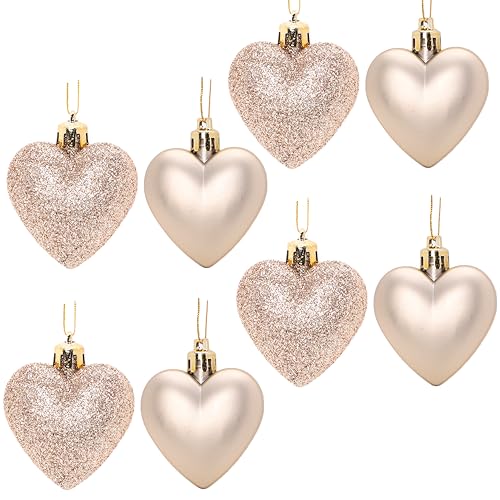 8 x 5cm Glitter + Matt Heart Shaped Christmas Tree Baubles - Assorted Colours (Champagne Gold)