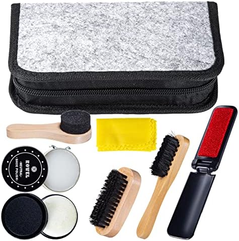 YUET Shoe Polish Kit Cleaning Shine Care Barrel Set For Brown Black Leather With Brush Travel Case Luxury Premium Soft Horsehair Bristle Dauber, Wooden Applicator, Shoehorn, Cloth 8 Piece