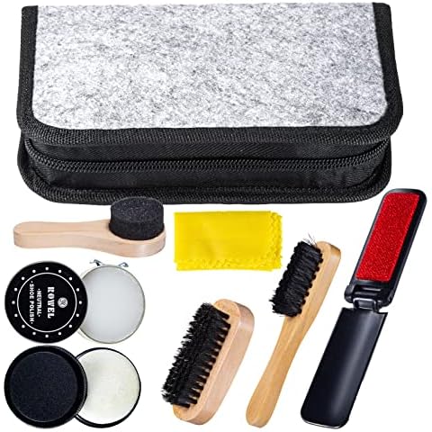 YUET Shoe Polish Kit Cleaning Shine Care Barrel Set For Brown Black Leather With Brush Travel Case Luxury Premium Soft Horsehair Bristle Dauber, Wooden Applicator, Shoehorn, Cloth 8 Piece Cover