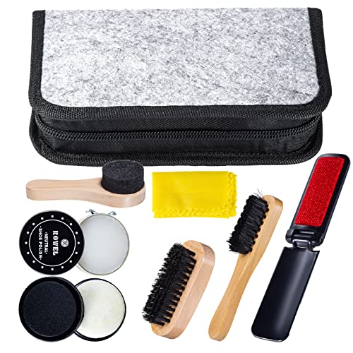 YUET Kit De Cirage Chaussure Noir Nettoyage De Chaussures Pour Cuir Marron Et Avec Brosse De Polissage, Étui De Voyage En Crin De Cheval, Applicateur En Bois, Chausse-Pied, Chiffon, 8 Pièces